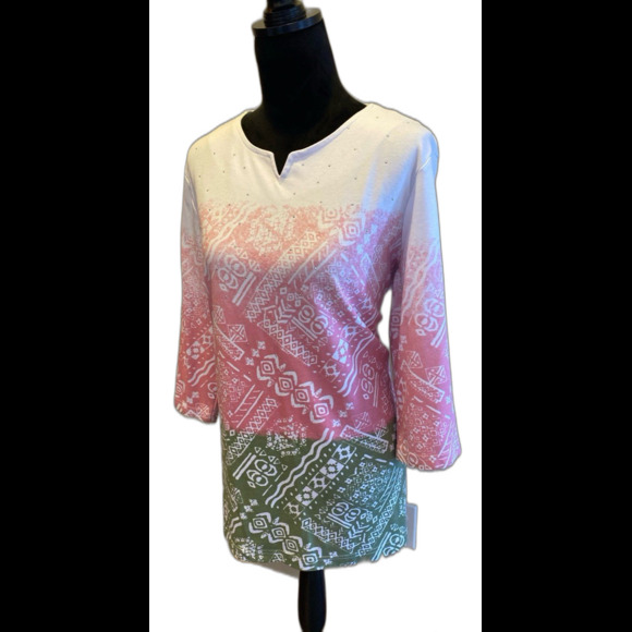 Southern Lady Blouse Sz Large Top White Pink Green Design + Stretch Casual Long - Picture 2 of 10